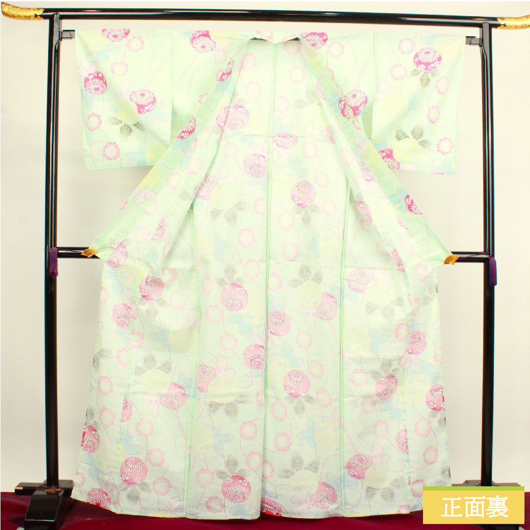 Yukata Cotton Length 167.5cm Sleeve length 66.5cm S rank Single layer Greenish white-green Abstract flower 1118004632519