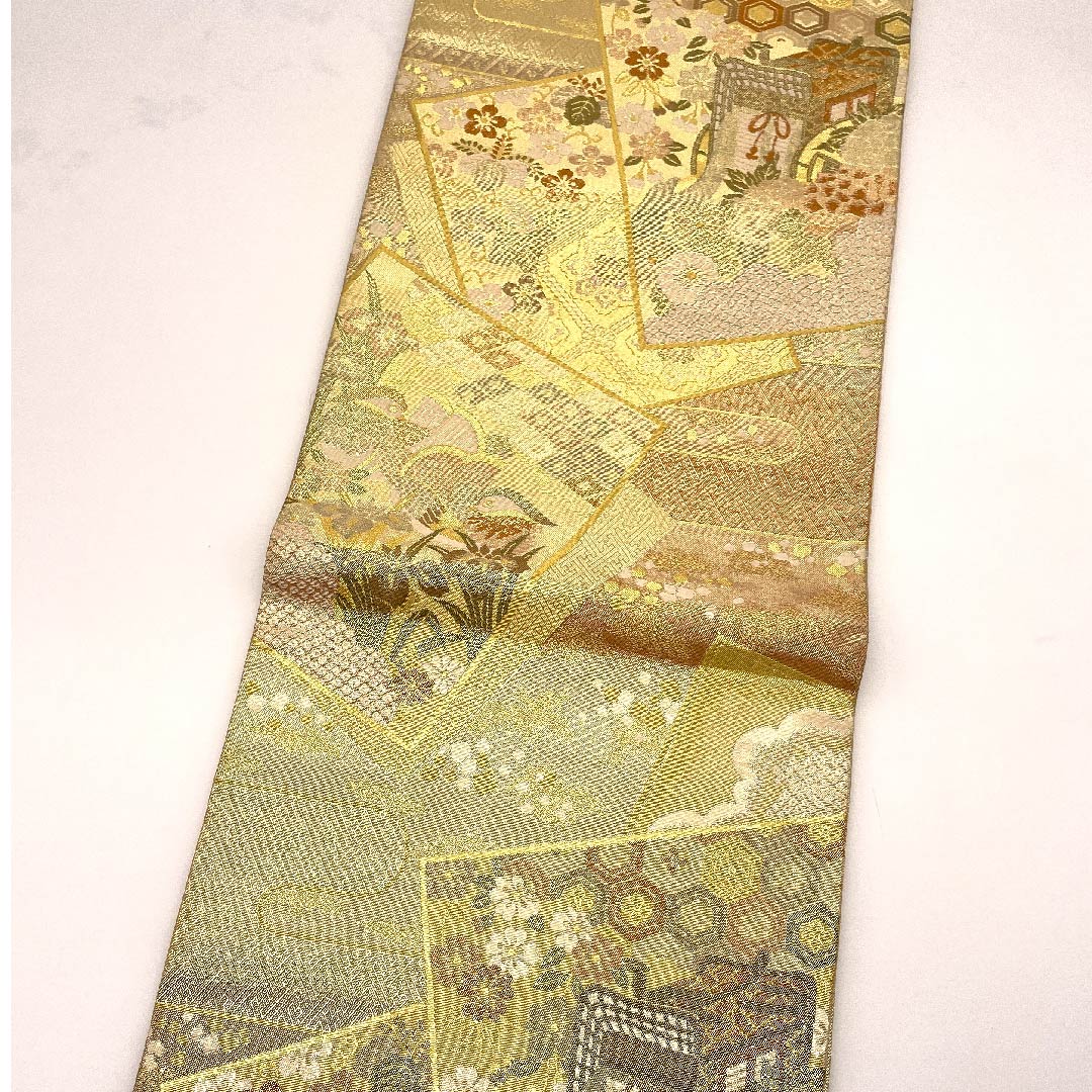 袋帯 金色 御所車 おしどり 紗綾形 花菱亀甲 帯丈440cm 正絹 Aランク 六通 フォーマル 金系 1123009123321