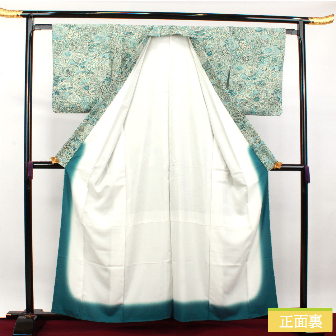 小紋 ポリエステル 身丈160.5cm 裄丈63.5cm 袷 卯の花色 型染 菊 竹 洗える着物 Sランク 白系 1115003752411