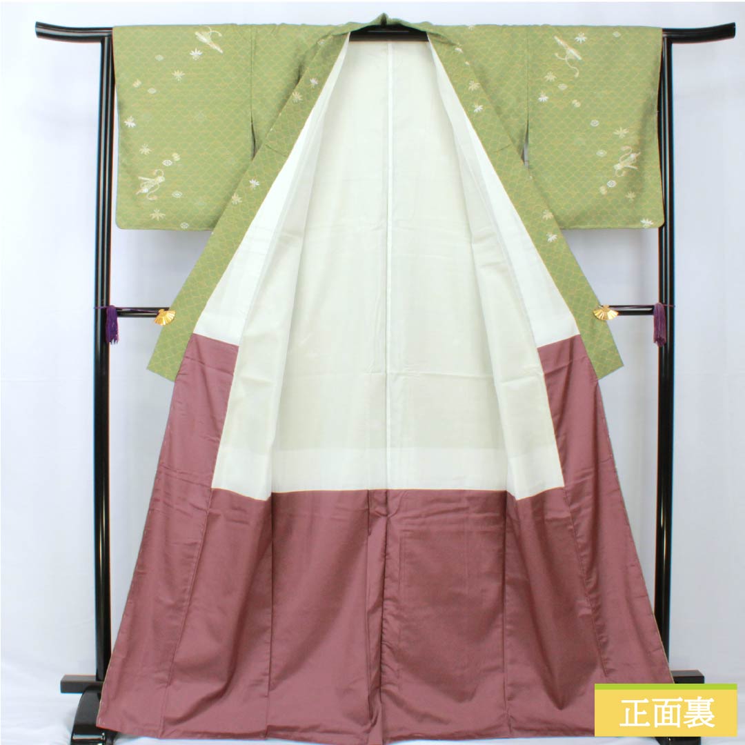 小紋 ポリエステル 身丈169cm 裄丈64.5cm 袷 仏手柑色(ぶしゅかんいろ) 洗える着物 笛 古典柄 Sランク 緑系 1115005462519