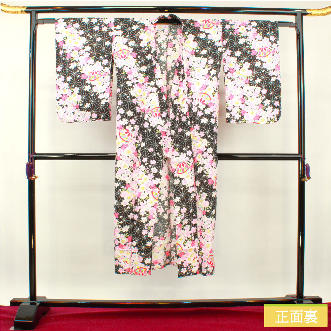 浴衣 木綿 身丈137.5cm 裄丈61.5cm Sランク 単衣 黒系 桜 麻の葉 1118005032110