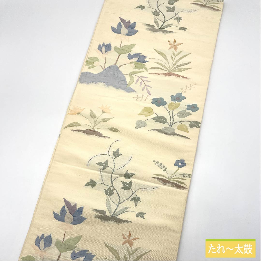 袋帯 正絹 Aランク 生成り色(きなりいろ) ふくれ織 紬地 草花模様 帯丈426cm 六通 カジュアル クリーム系 1123015303315