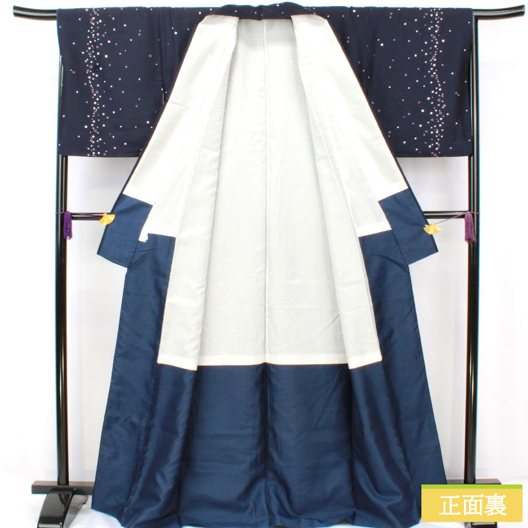 小紋 ポリエステル 身丈167cm 裄丈68cm 袷 濃紺色(のうこんいろ) 洗える着物 水玉 Sランク 紺系 1115004812518