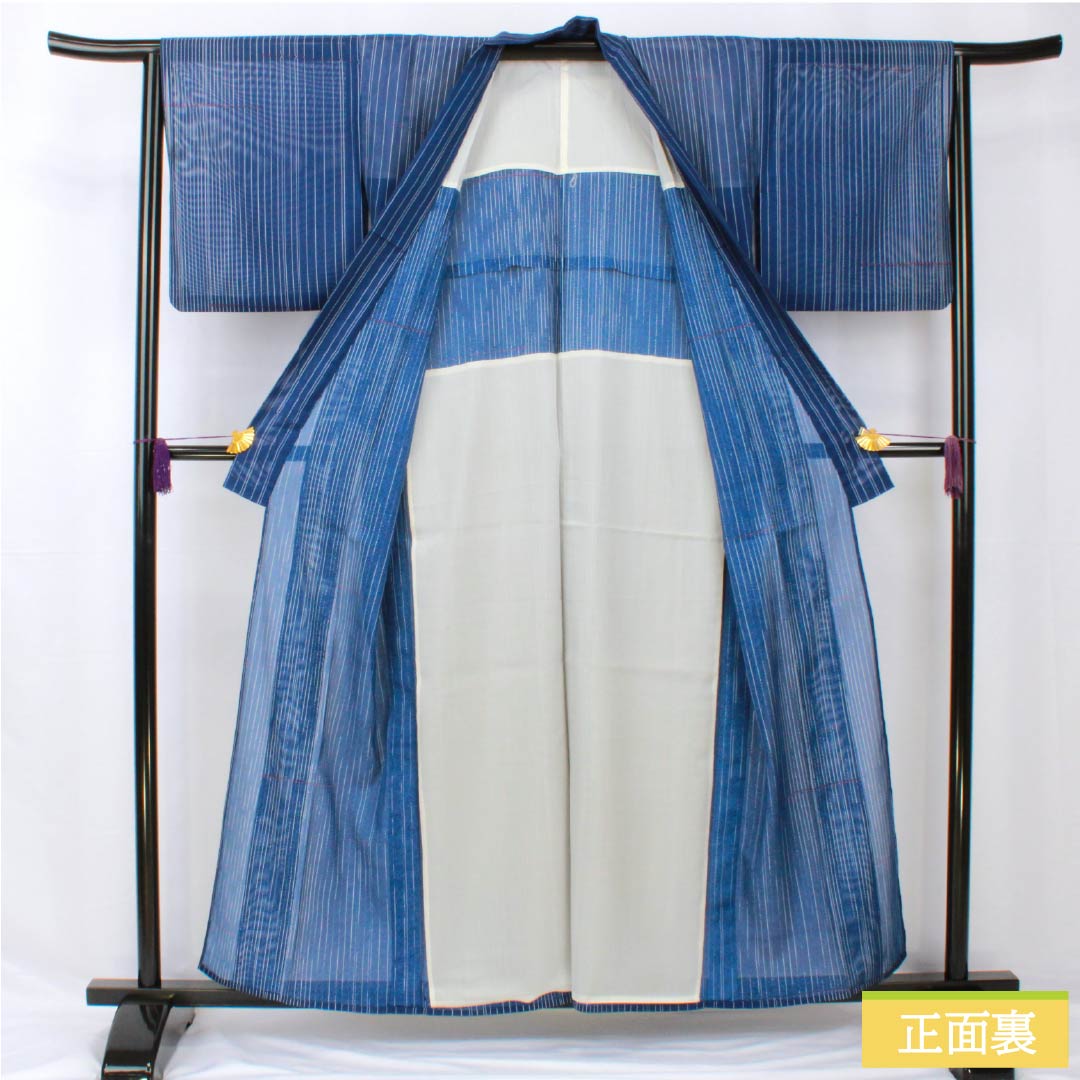 Summer kimono, polyester, small pattern, length 158cm, sleeve length 63.5cm, navy blue, striped, line pattern, washable kimono, silk, A rank, blue 1132001963317