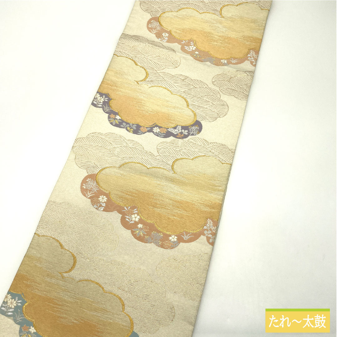 袋帯 正絹 Aランク 西陣織 雲取り 小花 帯丈428cm 六通 フォーマル 銀系 1123017233322