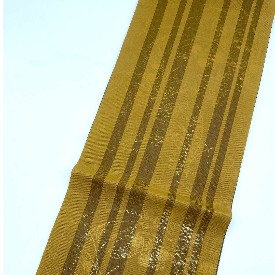 袋帯 狐色(きつねいろ) 夏帯 すすき 花模様 夏物 帯丈438cm 正絹 Sランク 全通 カジュアル 黄系 1123007732323