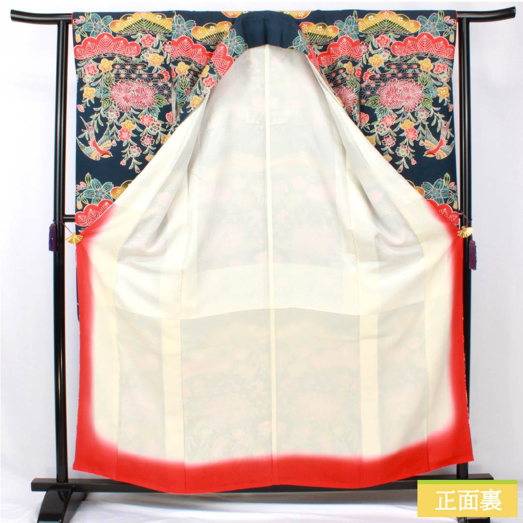 振袖 正絹 Aランク 身丈160cm 裄丈62.5cm 袷 印度藍色(いんどあいいろ) 京紅型 吉祥文様 松 牡丹 紺系 1113002453418