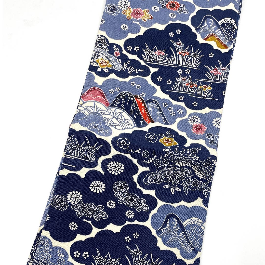 名古屋帯 韓藍色 草花模様 ちりめん地 帯丈337cm 正絹 Bランク ポイント柄 カジュアル 青系 1124004522317 名古屋仕立て