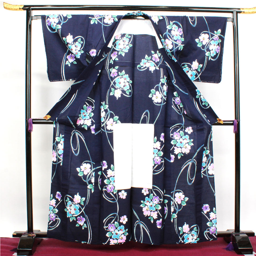 浴衣 しつけ糸付き 未使用品 濃紺色 抽象花 木綿 Sランク 単衣 身丈164cm 裄丈67cm 紺系 1118003432418