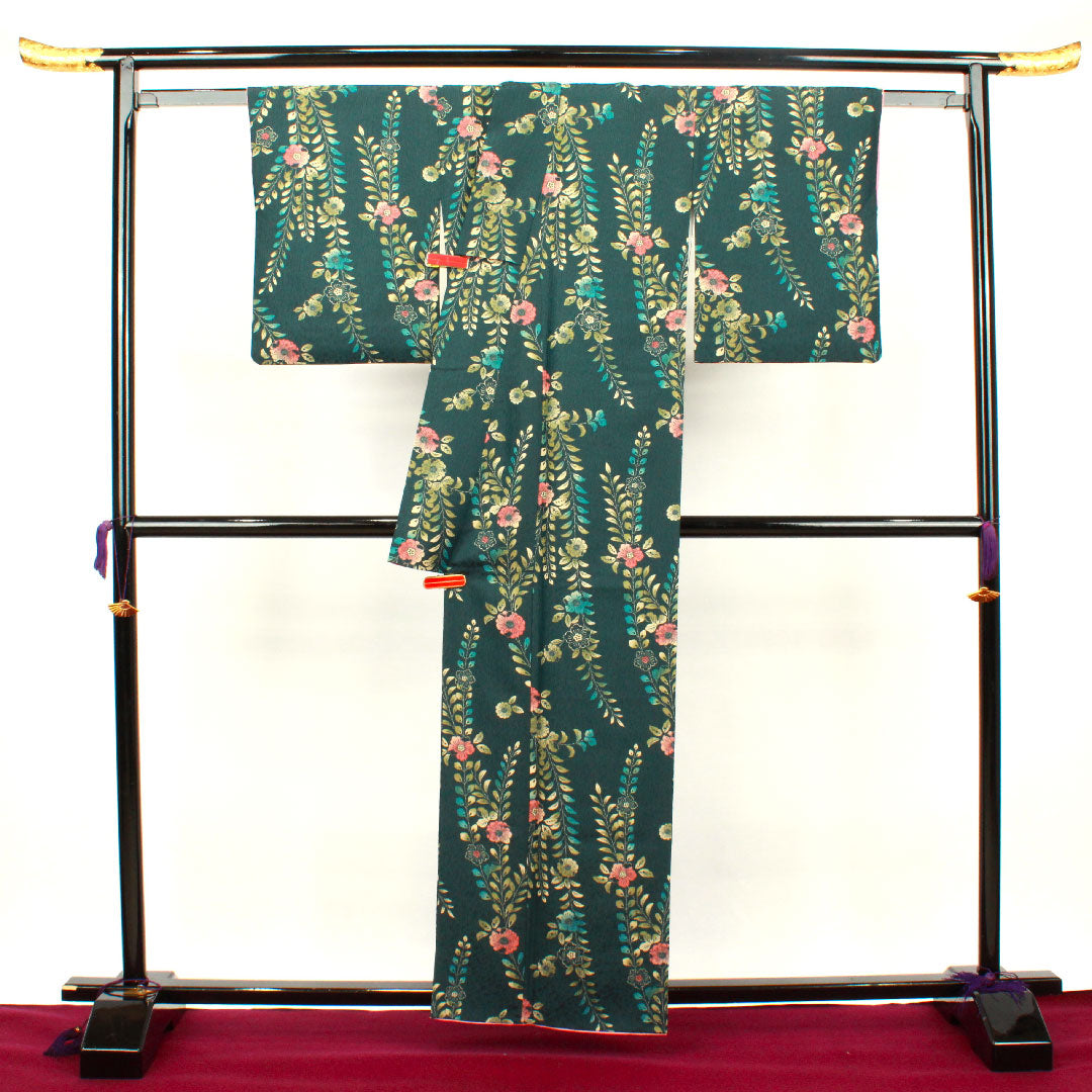 Small pattern, Length 161cm, Sleeve length 64.5cm, Awase, Iron color, Washable kimono, Tsujigahana, Polyester, S rank, Green, 1115002612419