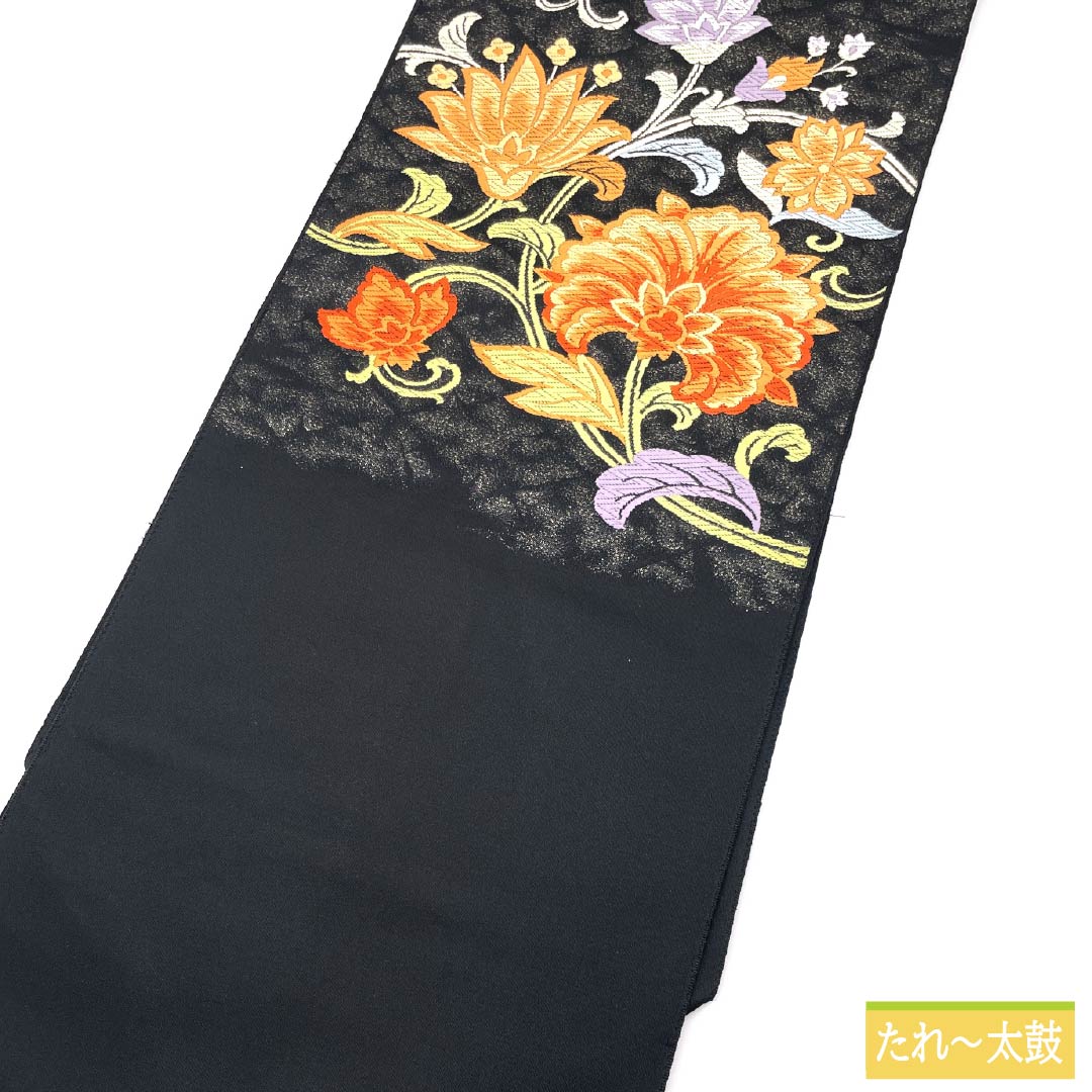 名古屋帯 正絹 Sランク 唐花 帯丈366cm ポイント柄 セミフォーマル 黒系 1124009152310 名古屋仕立て