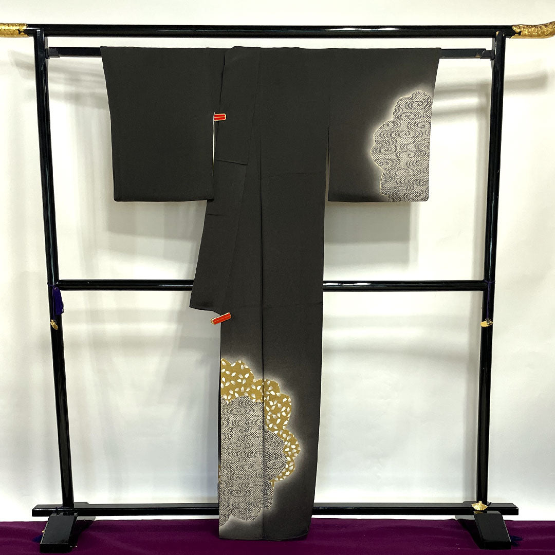 訪問着 袷 身丈162cm 裄丈65cm 墨色 京友禅 桜 流水 正絹 Sランク 黒系 1112002012410