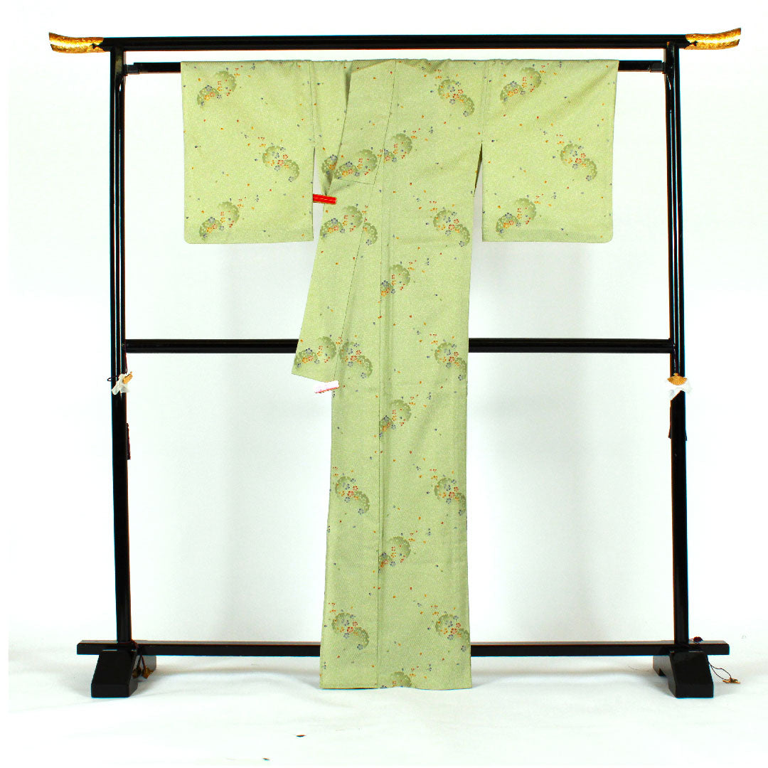 小紋 身丈166.5cm 裄丈69cm 単衣 桜 雪輪 洗える着物 ポリ Sランク 緑系 1115000792419