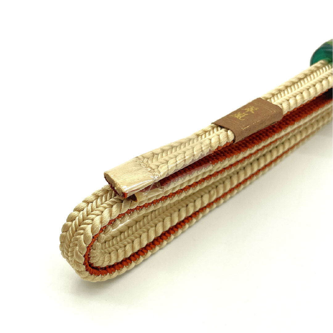 (新品)帯締め 正絹 NEWランク 四分紐 鳥の子色(とりのこいろ) 代赭色(たいしゃいろ) 帯留め付き トンボ玉 長さ約163cm 幅約1.2cm カジュアル ベージュ系 1135005231325