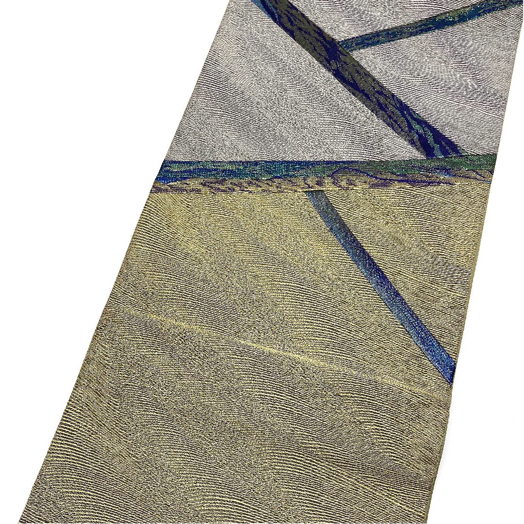 袋帯 切り嵌め 幾何学模様 帯丈446cm 正絹 Aランク 六通 セミフォーマル 銀系 1123005643322