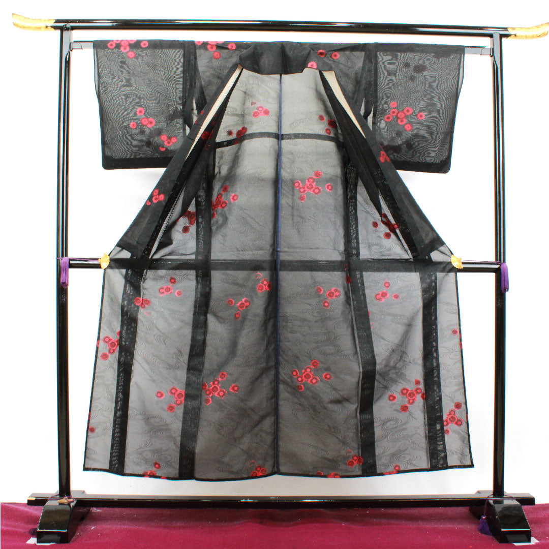 Summer kimono, polyester, small pattern, length 152.5cm, sleeve length 63cm, flowing water, chrysanthemum, washable kimono, gauze, A rank, black, 1132001243210