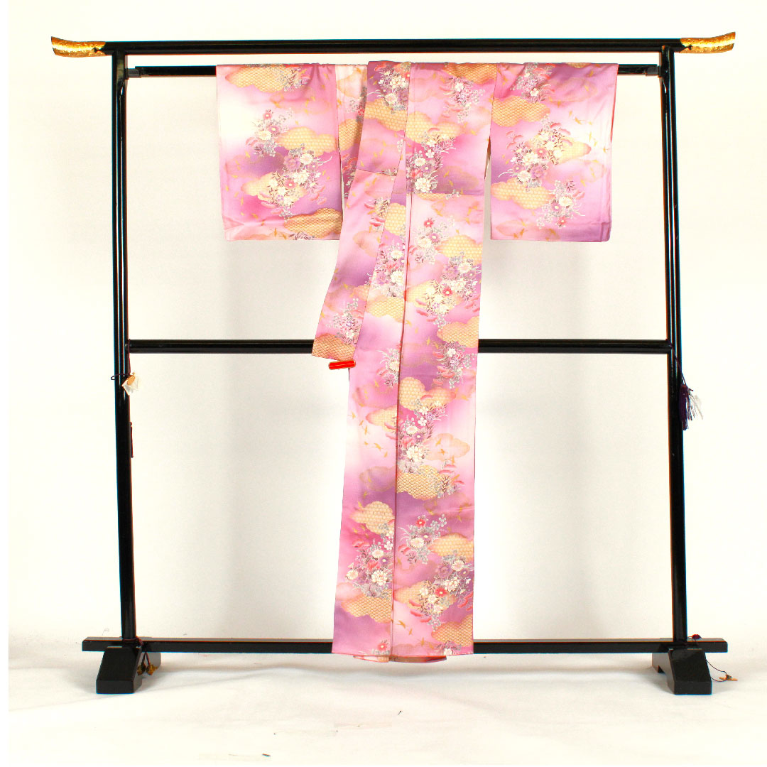 小紋 身丈158cm 裄丈65cm 袷 洗える着物 雲取り 草花模様 ポリ Aランク 紫系 1115001623320