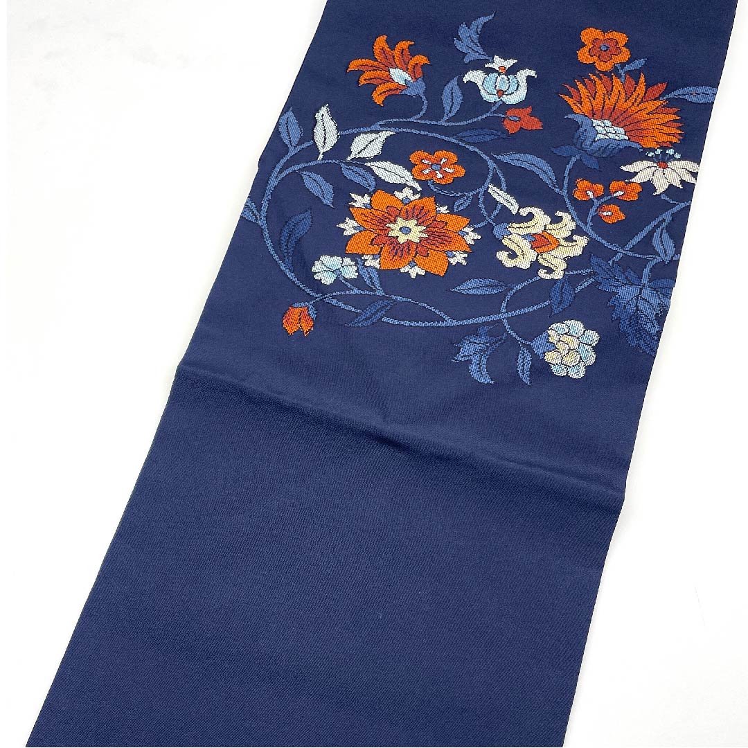 名古屋帯 紺色 唐花模様 帯丈356cm 正絹 Aランク ポイント柄 カジュアル 紺系 1124003033318 名古屋仕立て