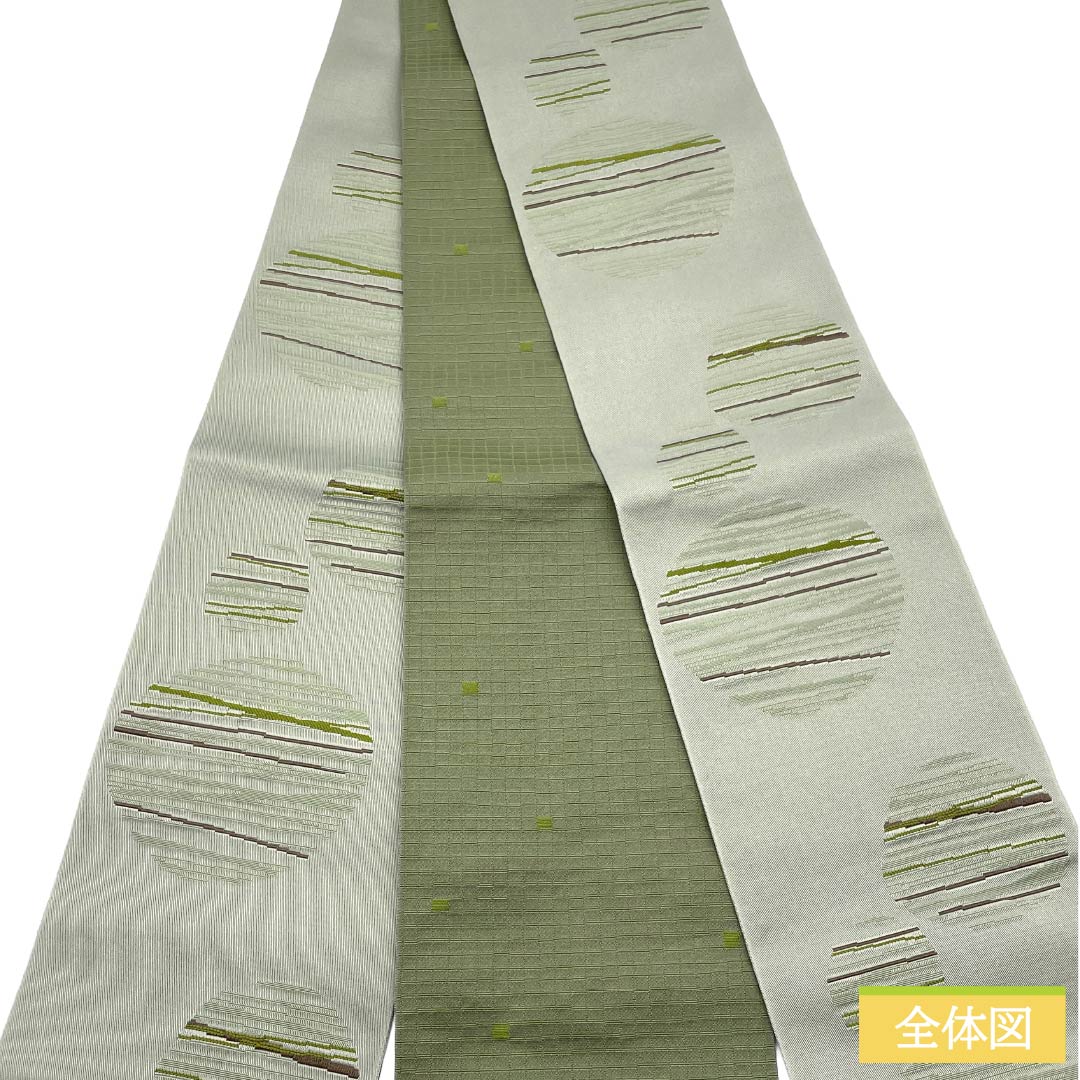 (新品)半幅帯 ポリエステル NEWランク 蝋色(ろういろ) 柳鼠色(やなぎねずいろ) 丸に縞 市松 帯丈392cm グレー系 1125006101322