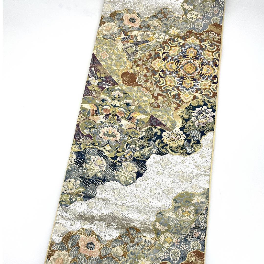 (未仕立)袋帯 銀色 黄金繭 貝紫 みつる帯 帯丈460cm 正絹 Sランク 六通 フォーマル 銀系 1123009332422