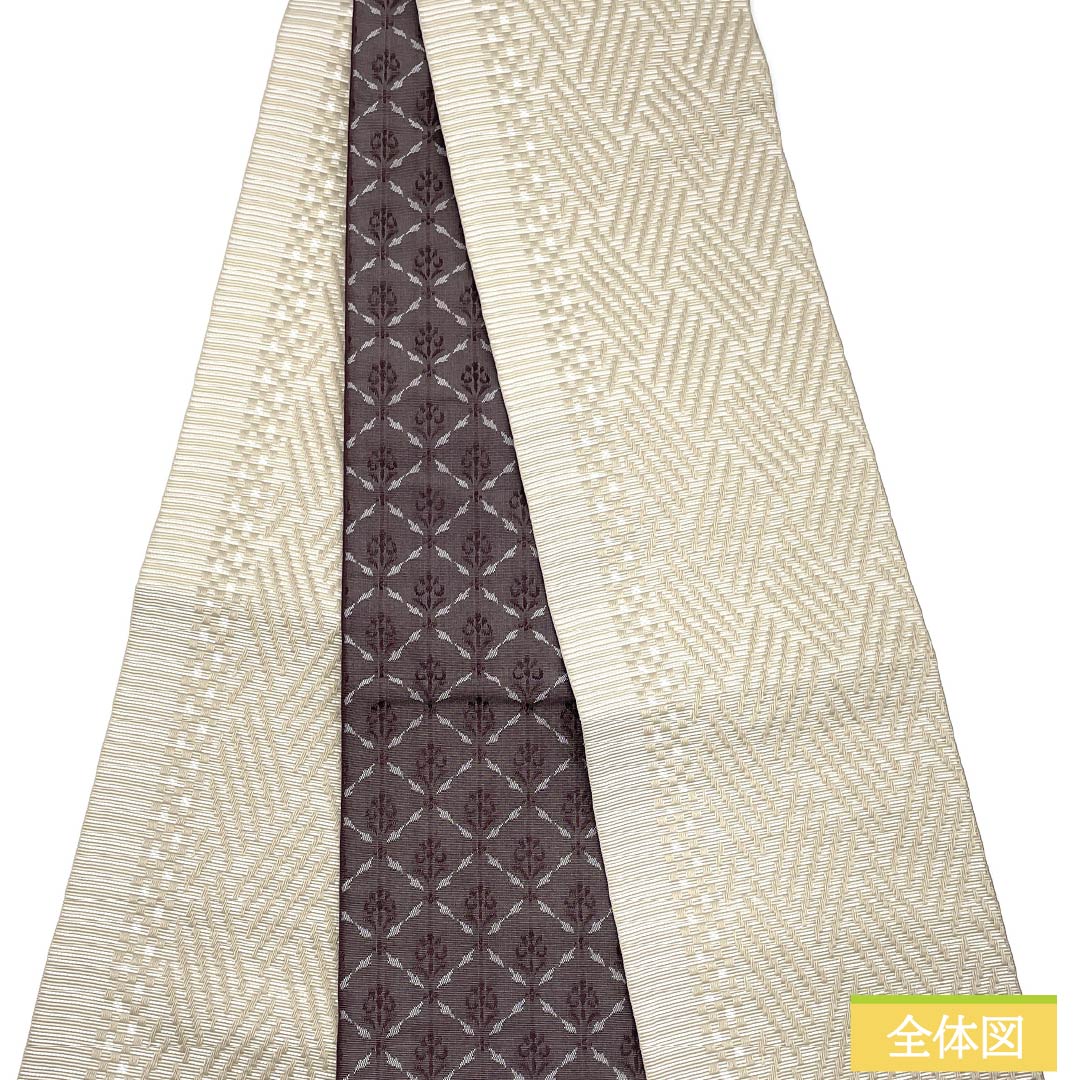 (新品)半幅帯 ポリエステル NEWランク 遠州鼠色(えんしゅうねずいろ) 木蘭色(もくらんじき) 菱型 抽象花模様 リバーシブル 帯丈400cm 茶系 1125002701414