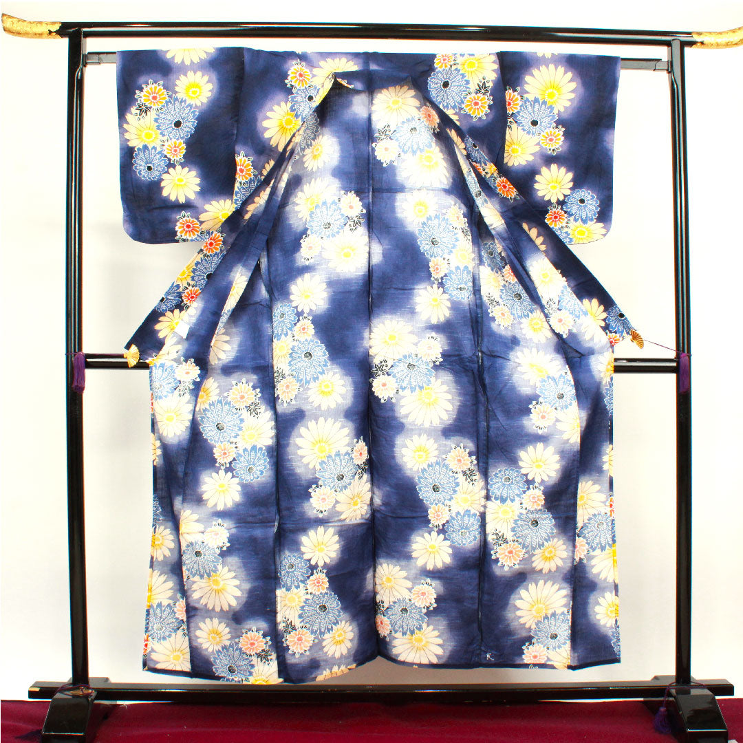 浴衣 マリーゴールド 木綿 Sランク 単衣 身丈154.5cm 裄丈62cm 紺系 1118002102218