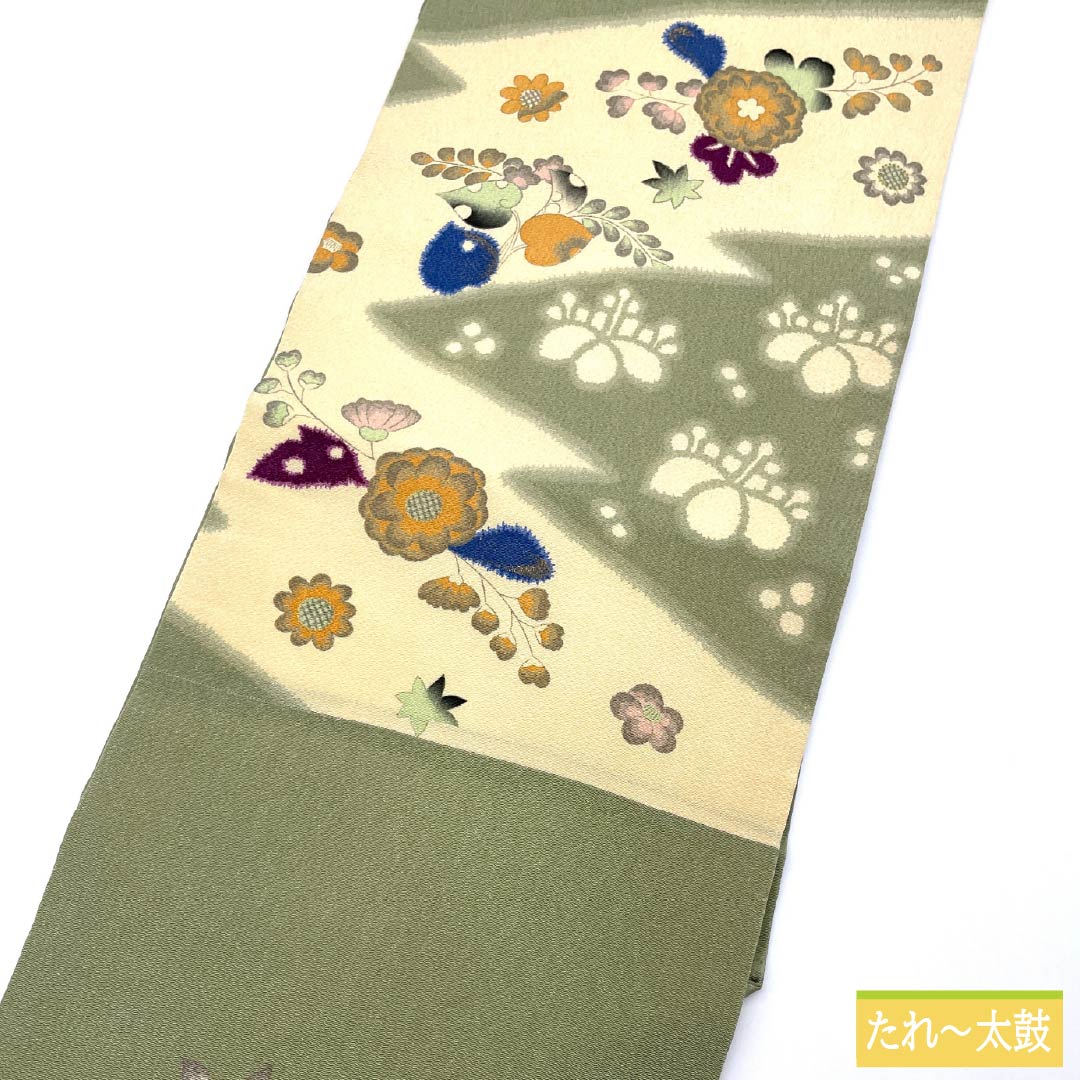 名古屋帯 正絹 Aランク 柳茶色(やなぎちゃいろ) ちりめん地 辻ヶ花 染め帯 帯丈347cm ポイント柄 カジュアル 緑系 1124009183319 名古屋仕立て