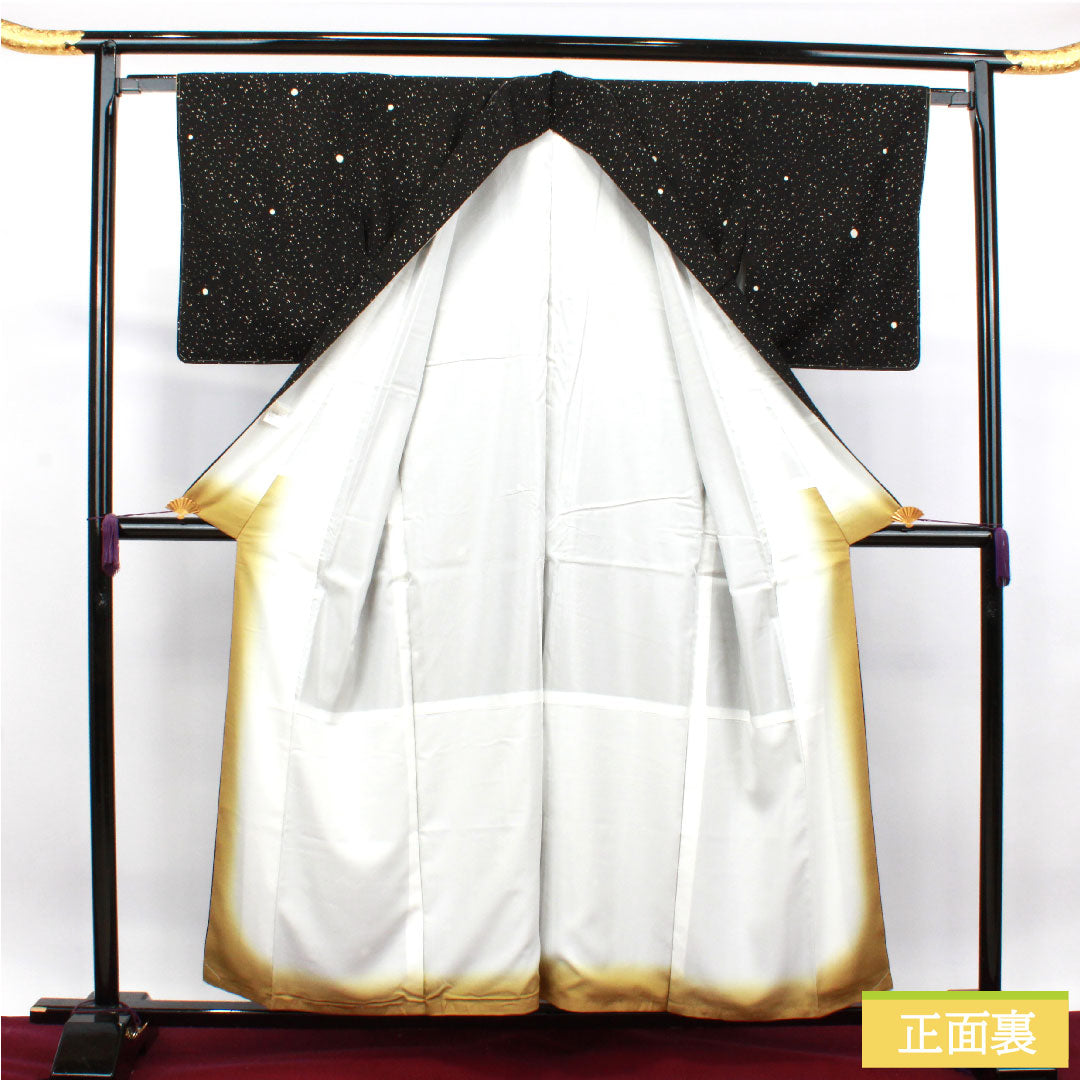 小紋 ポリエステル 身丈156.5cm 裄丈63cm 袷 洗える着物 タタキ染 しつけ糸付き 未使用品 Sランク 黒系 1115003972310