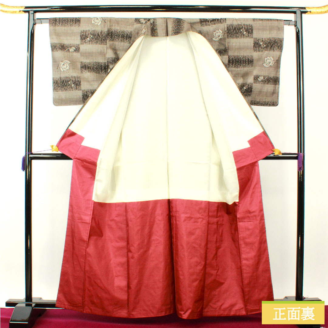 紬 正絹 身丈163cm 裄丈64.5cm 大島紬 9マルキ 市松 花模様 Sランク 袷 茶系 1116003742414