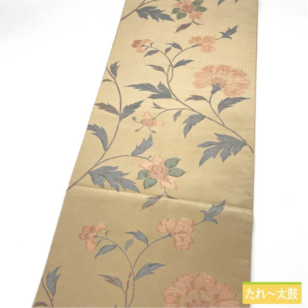 袋帯 正絹 東京白茶色(とうきょうしらちゃいろ) 花唐草 抽象花 花唐草 帯丈440cm Aランク 六通 カジュアル ベージュ系 1123012773325