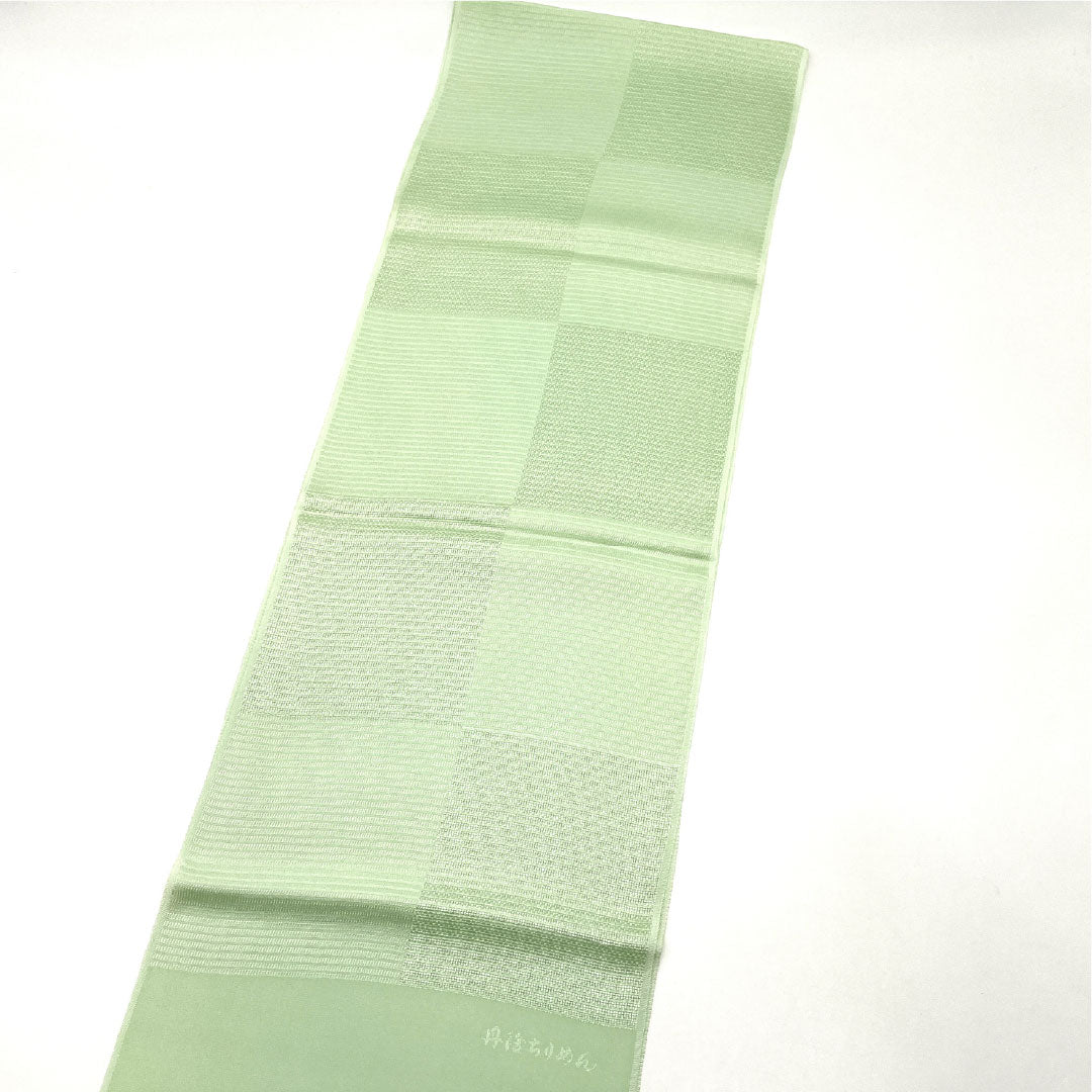 (Like New) Silk Obiage (Sash) - New Rank, Casual, Celadon-Colored, Tango Chirimen, Checkered Pattern, Approximately 184cm Long, 28.5cm Wide, Green, Item Number: 1136001141919