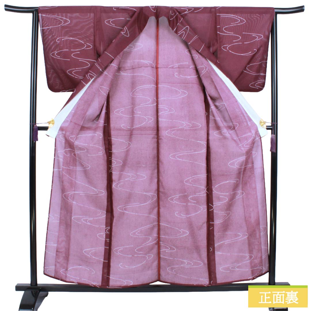 夏物 ポリエステル 小紋 Aランク 身丈157.5cm 裄丈64.5cm 葡萄色(えびいろ) 流水 洗える着物 絽 紫系 1132005383320