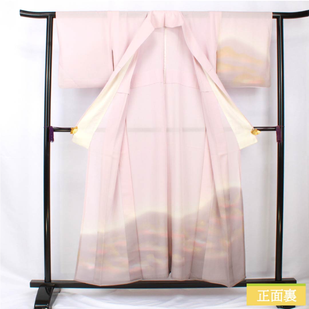 夏物 正絹 訪問着 身丈153cm 裄丈61.5cm 桜色(さくらいろ) 京友禅 一つ紋 丸に橘 絽 Bランク ピンク系 1132002194213