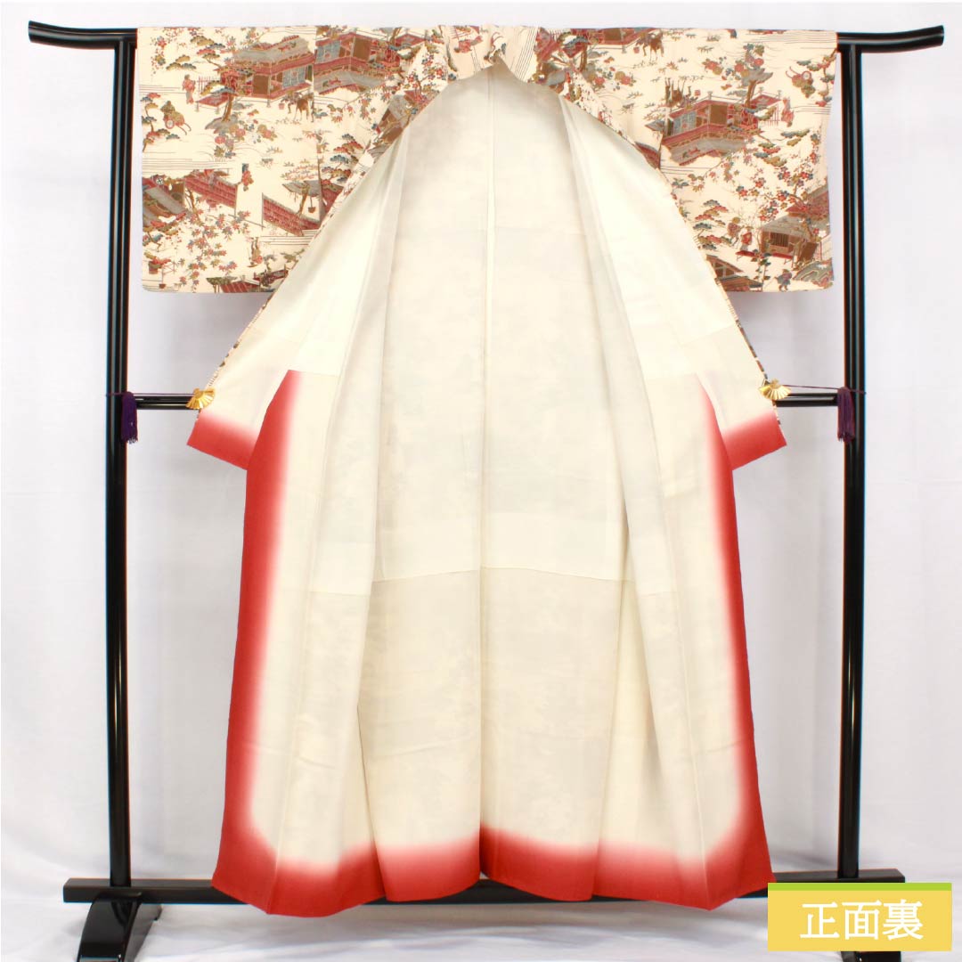 小紋 正絹 身丈156.5cm 裄丈62cm 袷 砥粉色(とのこいろ) 型染 時代絵巻 Bランク クリーム系 1115005054315