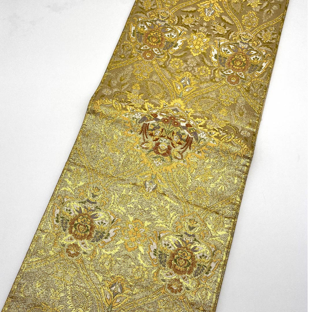 袋帯 金色 向かい鳳凰 花模様 帯丈430cm 正絹 Sランク 六通 フォーマル 金系 1123008112321