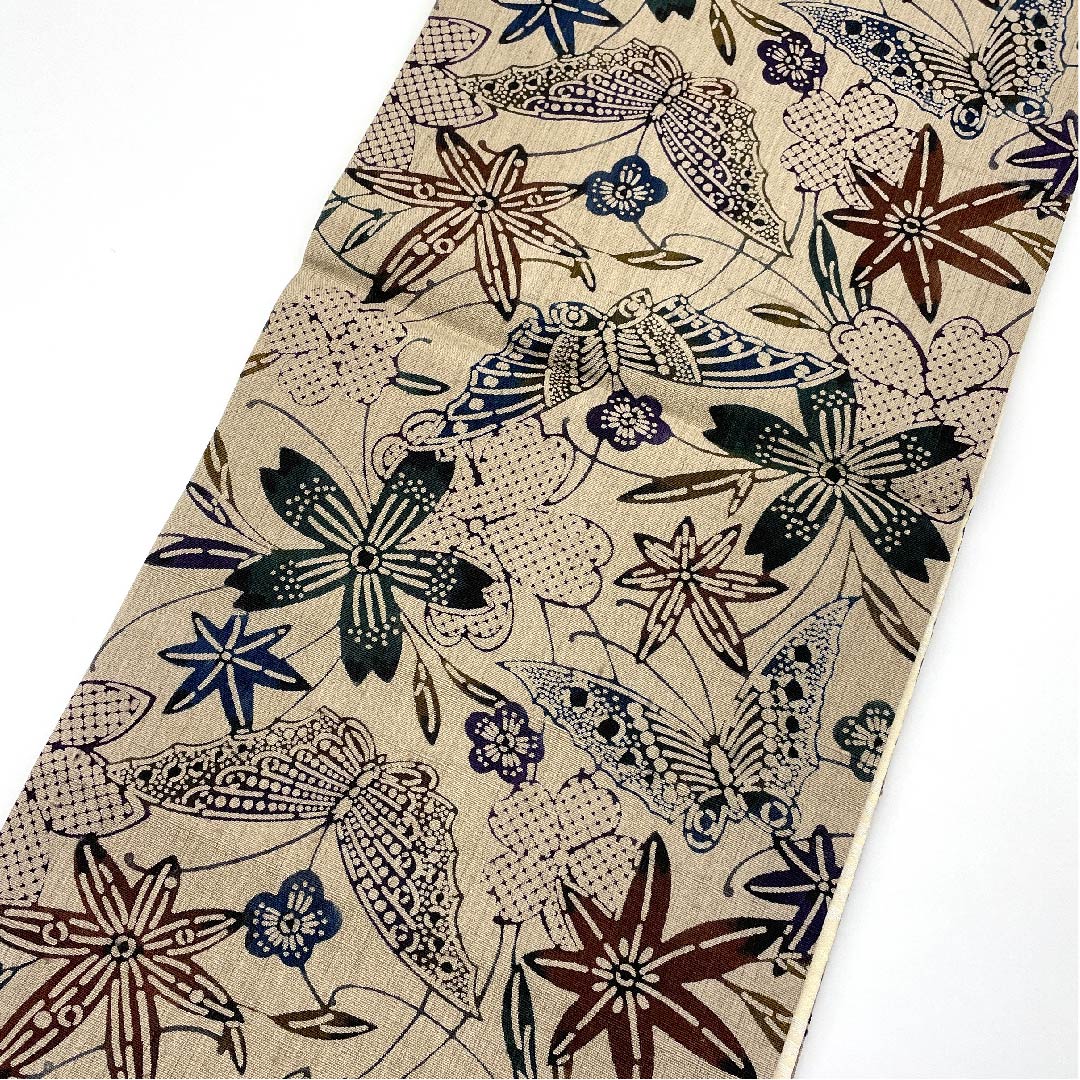 袋帯 白橡色(しろつるばみ) 蝶 桜 染め帯 帯丈450cm 正絹 Aランク 全通 カジュアル 茶系 1123006103314