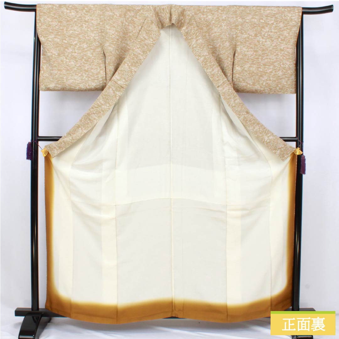 Komon (small pattern) kimono, pure silk, S rank, length 162cm, sleeve length 66cm, lined, naikisusutakeiro (soot-colored bamboo), crepe fabric, plant and folk art design, Chayatsuji, shrink-proof, beige, product number 1115007752425