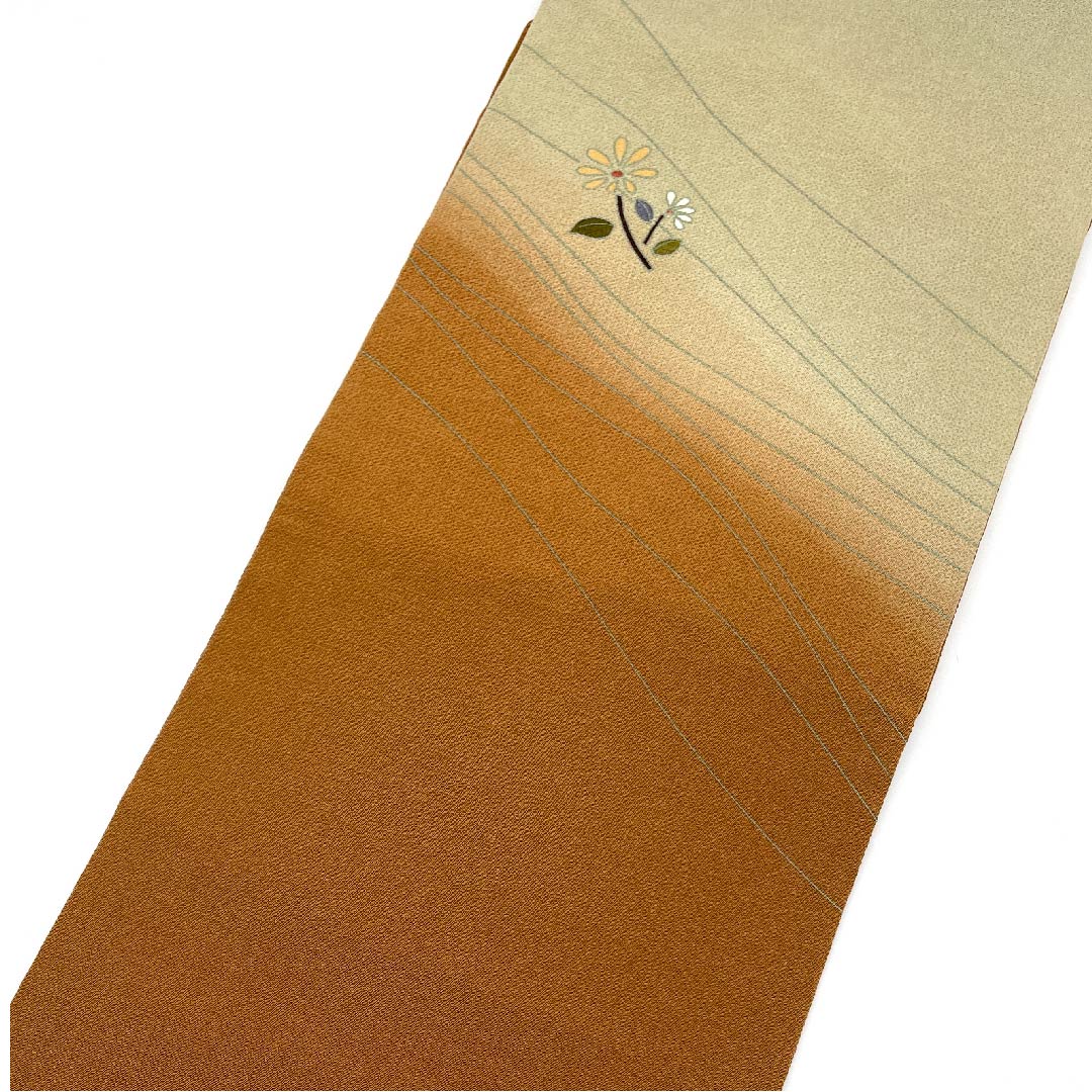 名古屋帯 赤白橡色 亜麻色 花模様 壁糸 帯丈368cm 正絹 Aランク ポイント柄 カジュアル 茶系 1124003723314 名古屋仕立て