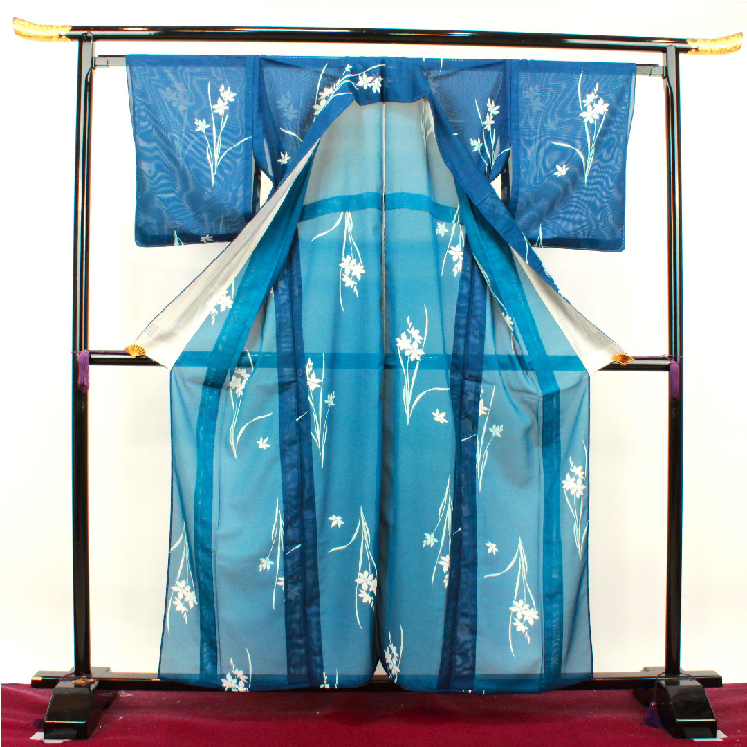 夏物 ポリエステル 小紋 身丈160cm 裄丈63cm 呉須色(ごすいろ) タマスダレ しつけ糸付き 未使用品 絽 Sランク 青系 1132000962417