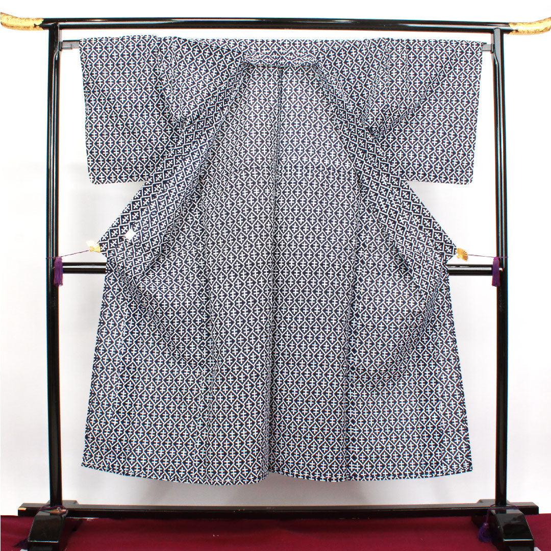 浴衣 男物 幾何学模様 木綿 Bランク 単衣 身丈150cm 裄丈70cm 紺系 1118001614118