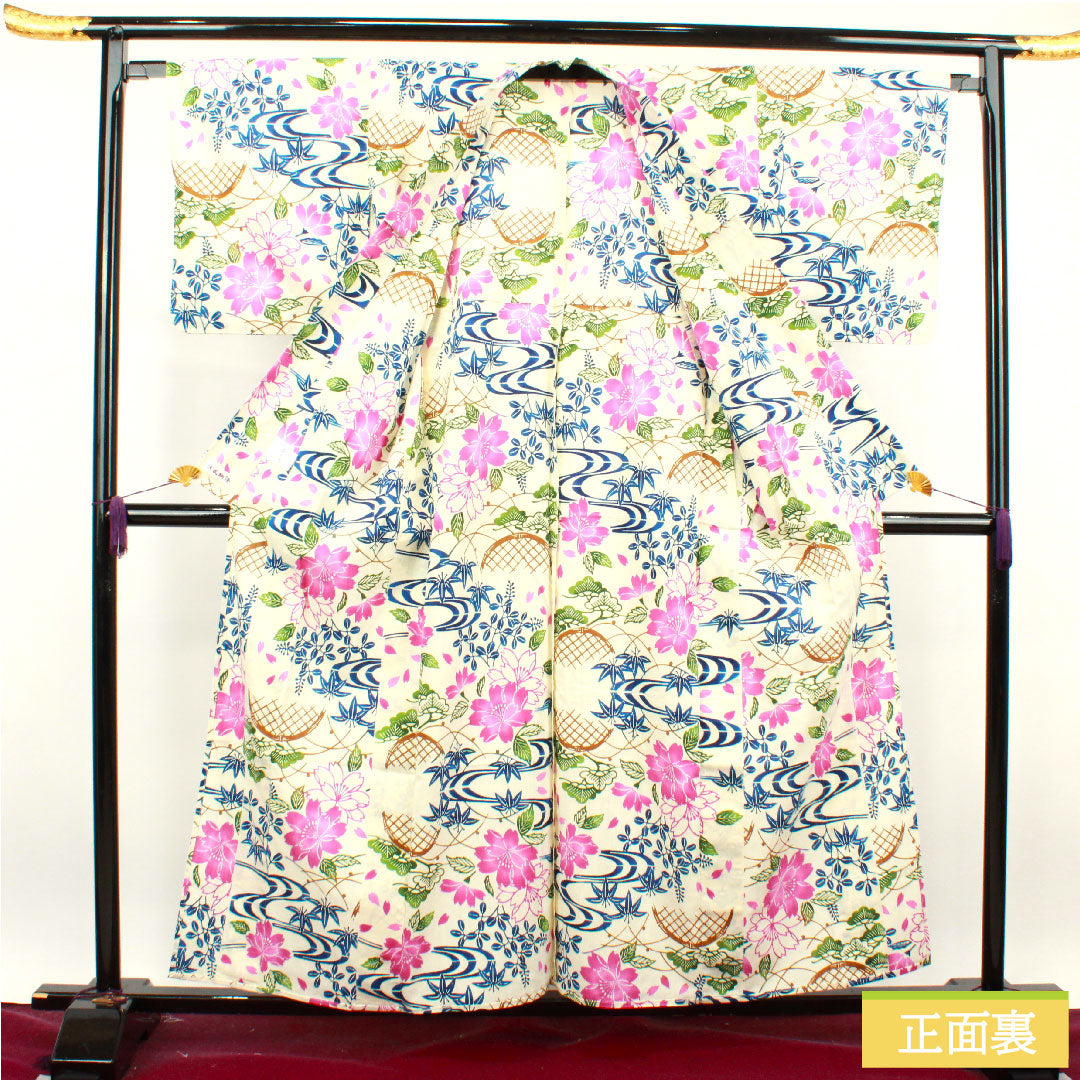 浴衣 綿麻 身丈159cm 裄丈66cm Sランク 単衣 白系 乳白色(にゅうはくしょく) 源氏物語 型染 桜 1118004782311