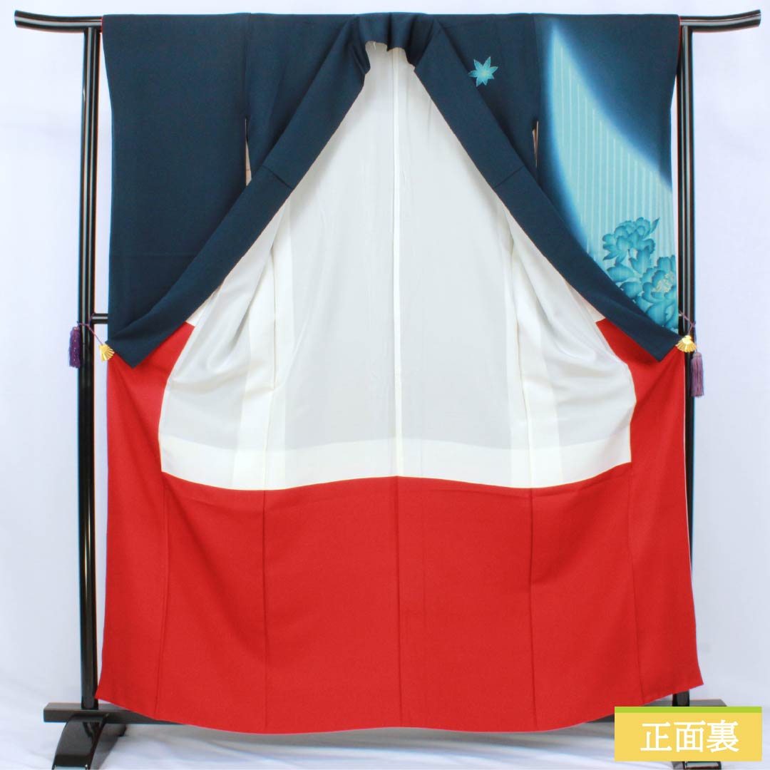 振袖 正絹 Aランク 身丈161cm 裄丈62.5cm 袷 印度藍色(いんどあいいろ) 京友禅 牡丹 紅葉 紺系 1113002833418