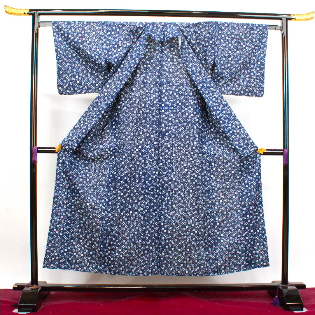 浴衣 濃紺色 花模様 木綿 Aランク 単衣 身丈152cm 裄丈63cm 紺系 1118004073218