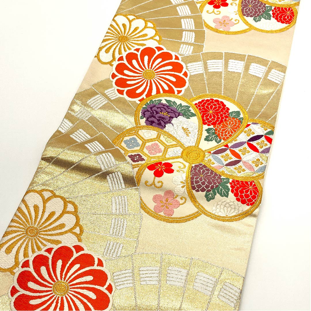 袋帯 生成り色(きなりいろ) 古典梅 吉祥文様 扇面 帯丈442cm 正絹 Sランク 六通 フォーマル クリーム系 1123002762315