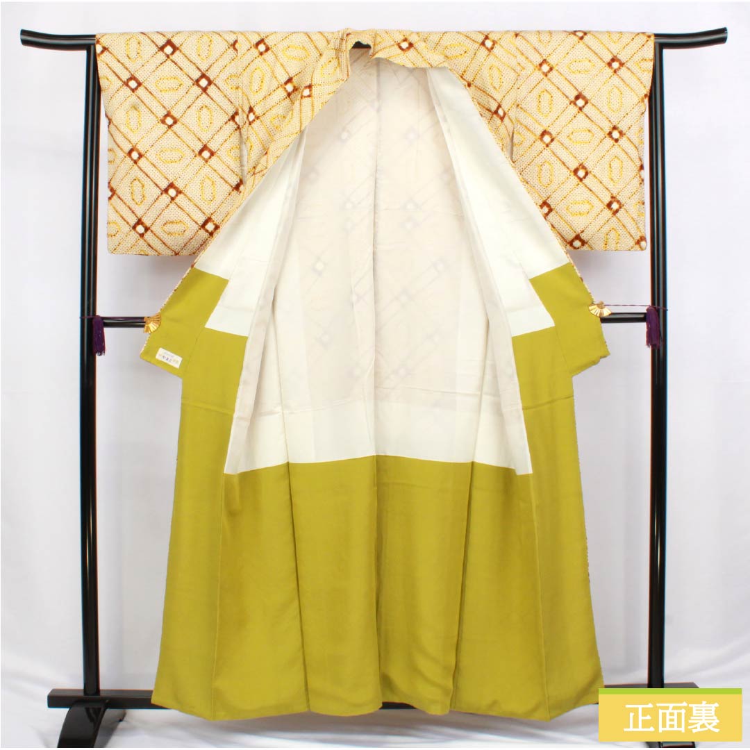 小紋 正絹 Aランク 身丈158cm 裄丈64cm 袷 藤黄色(とうおういろ) 絞り 幾何学模様 黄系 1115006583323