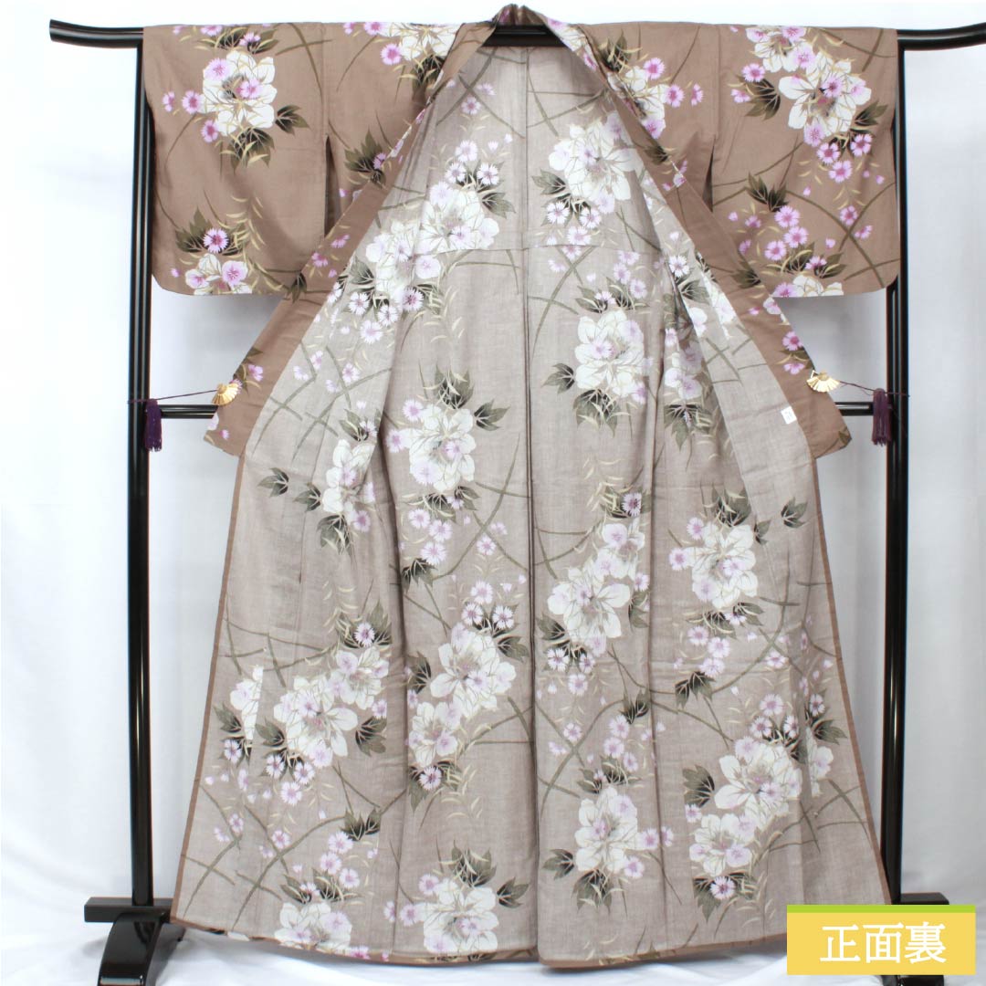 浴衣 木綿 身丈163.5cm 裄丈65.5cm Sランク 単衣 ベージュ系 茶鼠色(ちゃねずいろ) 撫子 1118006202425