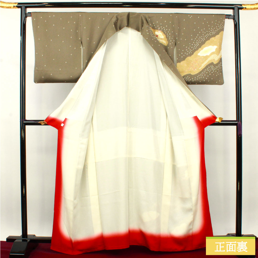 訪問着 正絹 袷 身丈162.5cm 裄丈66.5cm 砂色 刺繡 部分絞り スーパー鈴ガード Sランク グレー系 1112003632422