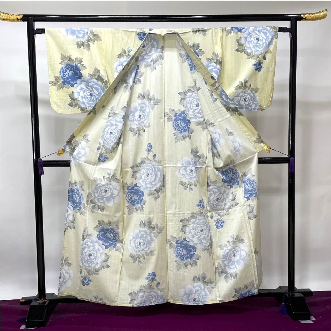 浴衣 薄黄蘗色 牡丹木綿 Sランク 単衣 身丈161.5cm 裄丈66cm 黄系 1118004442423