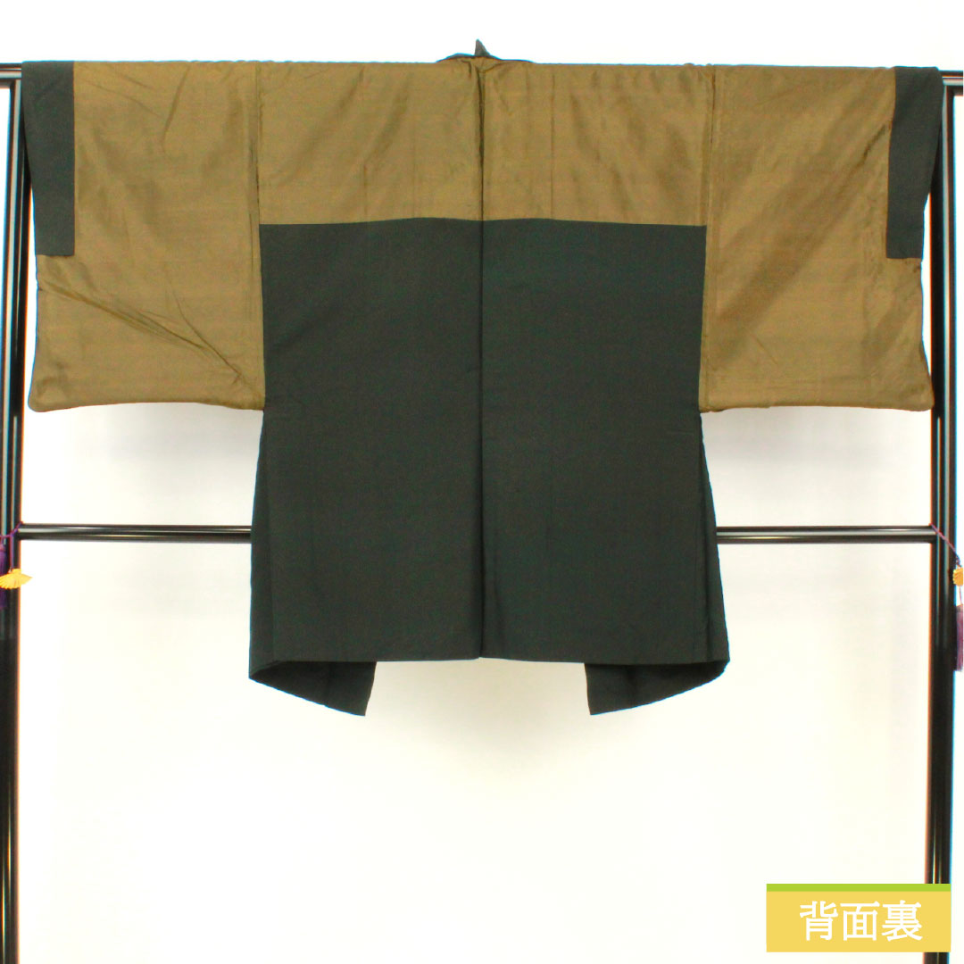 男物 正絹 Sランク 身丈88cm 裄丈66cm 錆鉄色(さびてついろ) 紬地 緑系 1119001642119