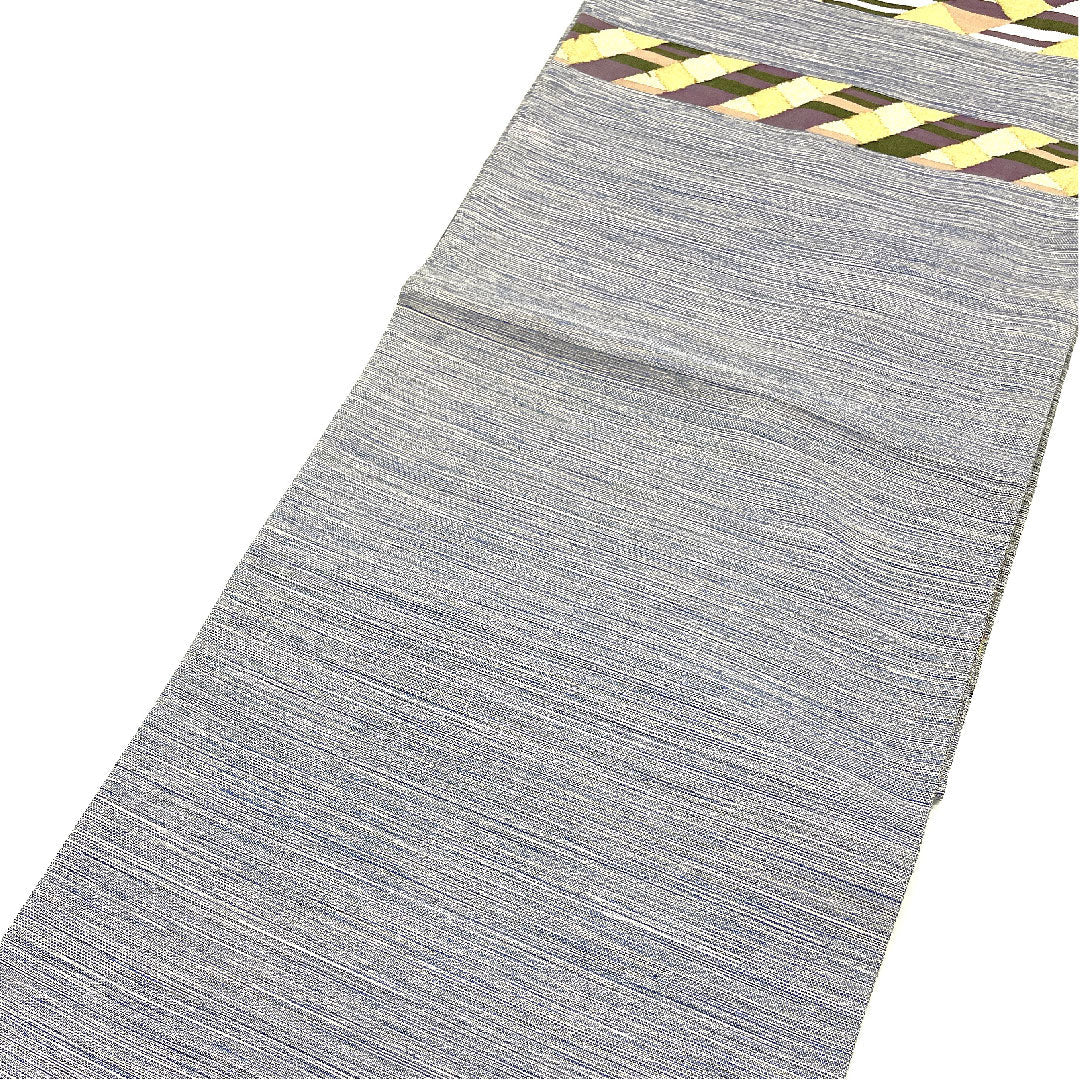 袋帯 横段 幾何学模様 帯丈454cm 正絹 Sランク ポイント柄 カジュアル 青系 1123003872417